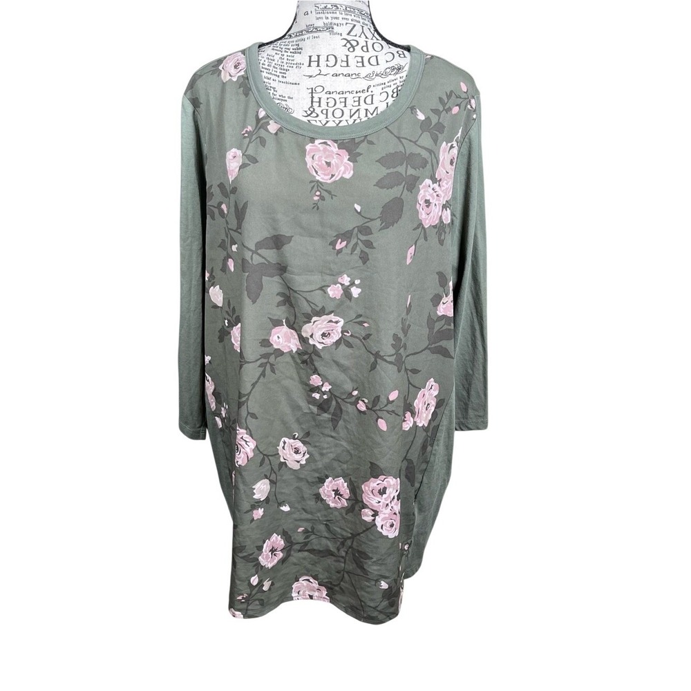 Lane Bryant Olive Green Top with Pink Floral Print